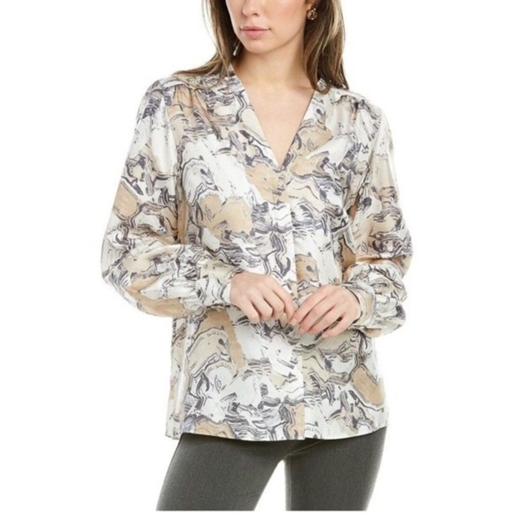 Lafayette 148 New York Women Silk V-Neck Abstract Marble Print Blouse Medium